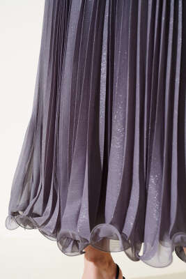 Simli Fırfırlı Tül Etek Gri - Uzun Etek