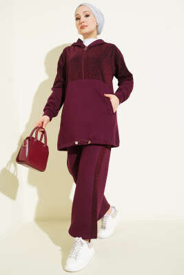 Simli Kapüşonlu İkili Takım Mürdüm - TEGOE