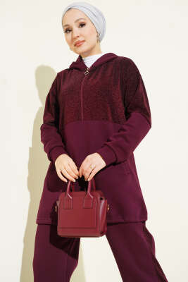 Simli Kapüşonlu İkili Takım Mürdüm - İkili Takım