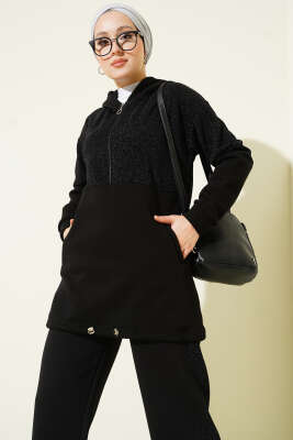 Simli Kapüşonlu İkili Takım Siyah - İkili Takım