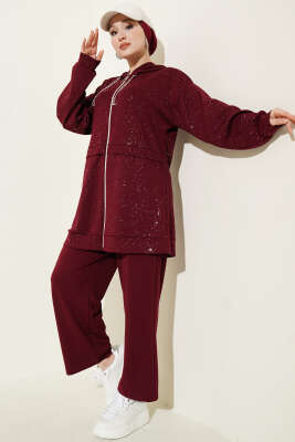 Simli Kapüşonlu Loyşa İkili Takım Bordo - NESSİA