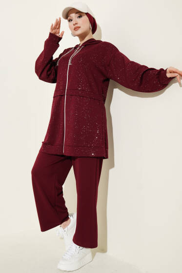 Simli Kapüşonlu Loyşa İkili Takım Bordo - İkili Takım