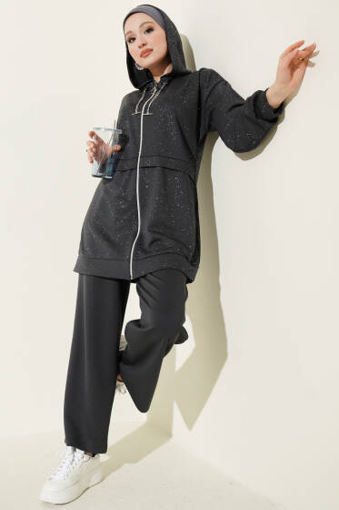 Simli Kapüşonlu Loyşa İkili Takım Füme - İkili Takım