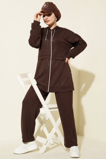 Simli Kapüşonlu Loyşa İkili Takım Kahve - İkili Takım