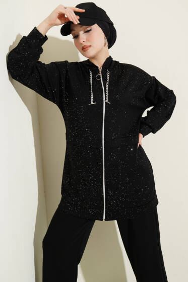 Simli Kapüşonlu Loyşa İkili Takım Siyah - İkili Takım