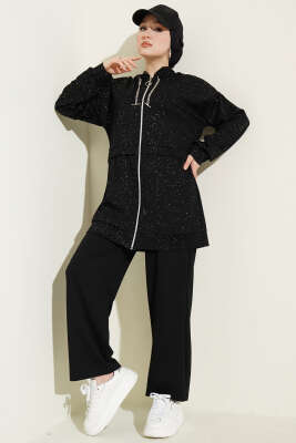 Simli Kapüşonlu Loyşa İkili Takım Siyah - İkili Takım