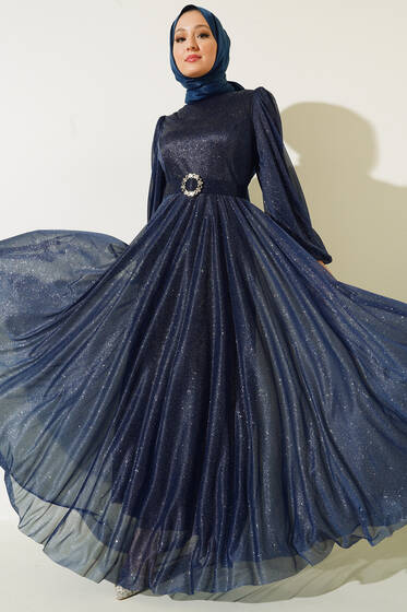 Simli Kemerli Abiye Elbise Lacivert - Tesettür Elbise