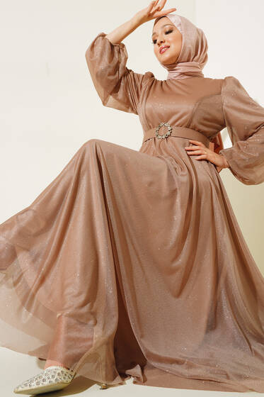 Simli Kemerli Abiye Elbise Latte - Tesettür Elbise