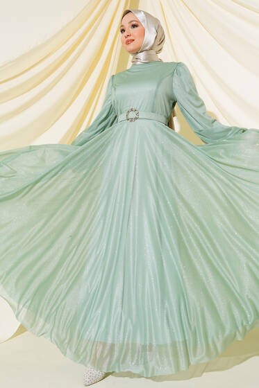 Simli Kemerli Abiye Elbise Mint - Tesettür Elbise