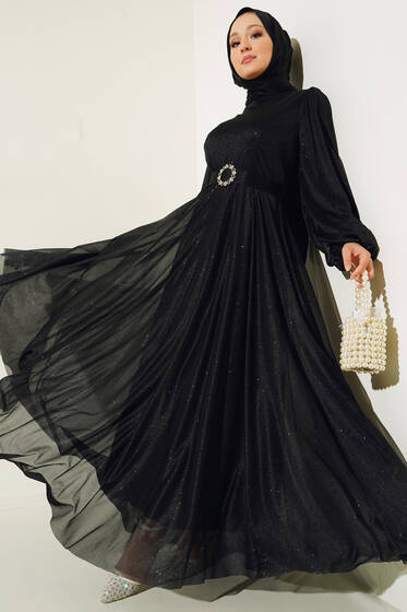 Simli Kemerli Abiye Elbise Siyah - Tesettür Elbise
