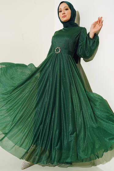 Simli Kemerli Abiye Elbise Zümrüt - Tesettür Elbise