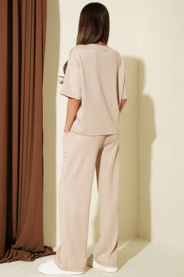 Simli Kısa Kol Loyşa İkili Takım Bej - Kadın Giyim Modelleri