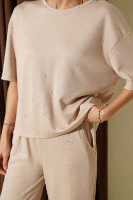 Simli Kısa Kol Loyşa İkili Takım Bej - Kadın Giyim Modelleri