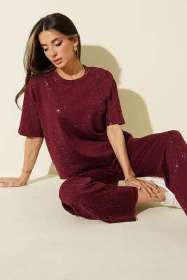 Simli Kısa Kol Loyşa İkili Takım Bordo - DİVON