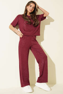 Simli Kısa Kol Loyşa İkili Takım Bordo - Kadın Giyim Modelleri