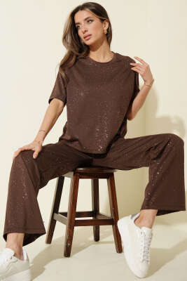 Simli Kısa Kol Loyşa İkili Takım Kahve - DİVON