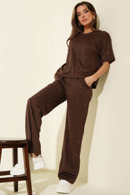 Simli Kısa Kol Loyşa İkili Takım Kahve - Kadın Giyim Modelleri