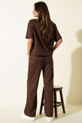 Simli Kısa Kol Loyşa İkili Takım Kahve - Kadın Giyim Modelleri