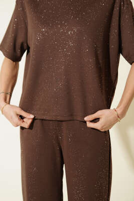 Simli Kısa Kol Loyşa İkili Takım Kahve - Kadın Giyim Modelleri