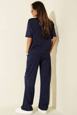 Simli Kısa Kol Loyşa İkili Takım Lacivert - Kadın Giyim Modelleri