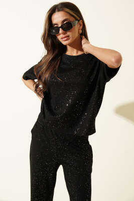 Simli Kısa Kol Loyşa İkili Takım Siyah - Kadın Giyim Modelleri