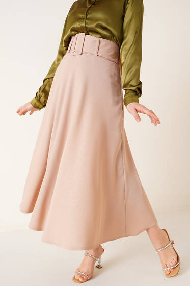 Simli Kloş Etek Bej - Uzun Etek