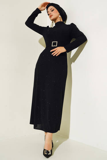 Simli Kuşaklı Abiye Elbise Siyah - Tesettür Elbise