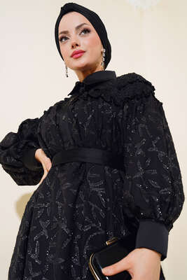 Simli Kuşaklı Elbise Siyah - Thumbnail