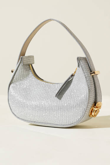 Simli Mini Baget Çanta Gümüş - Kol Çantası