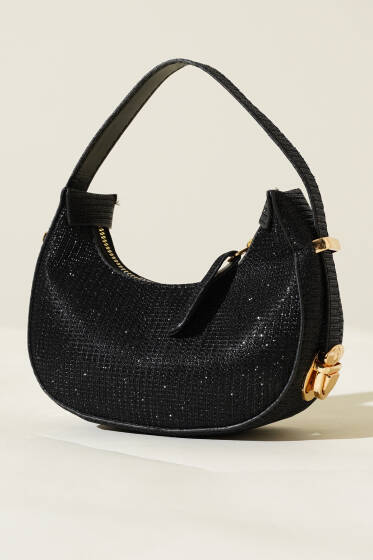 Simli Mini Baget Çanta Siyah - Kol Çantası