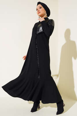 Simli Püskül Detay Elbise Siyah - Thumbnail