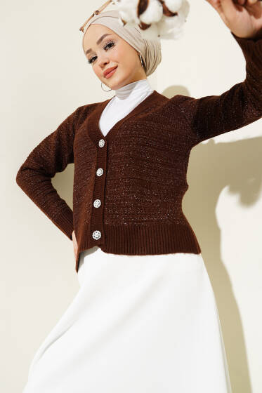 Simli Taş Düğmeli Kısa Triko Hırka Acı Kahve - Triko
