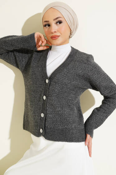 Simli Taş Düğmeli Kısa Triko Hırka Füme - Triko