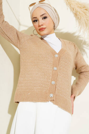 Simli Taş Düğmeli Kısa Triko Hırka Latte - Triko
