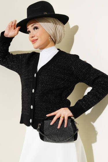Simli Taş Düğmeli Kısa Triko Hırka Siyah - Triko