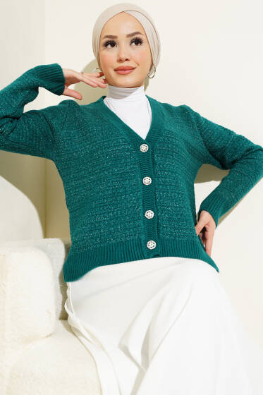 Simli Taş Düğmeli Kısa Triko Hırka Zümrüt - Triko