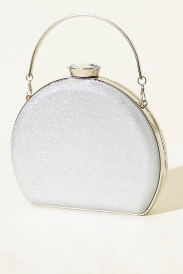 Simli Yarım Ay Model Kadın Abiye Çanta Gümüş - Kol Çantası