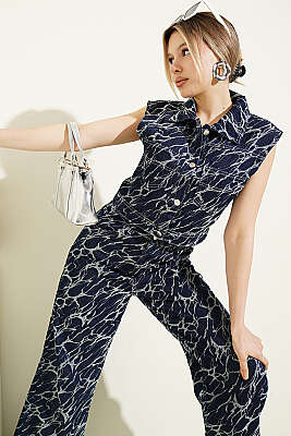 Şimşek Nakışlı Crop Yelekli Kot İkili Takım Lacivert - Kadın Giyim Modelleri