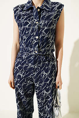 Şimşek Nakışlı Crop Yelekli Kot İkili Takım Lacivert - Kadın Giyim Modelleri