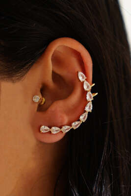 Sıra Damla Taşlı Tragus Küpe Gold - Küpe