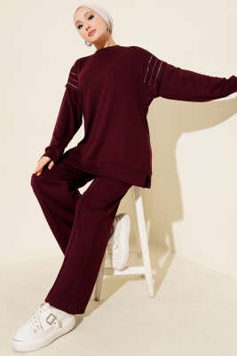 Sıra Taş Detaylı Loyşa İkili Takım Bordo - HBS