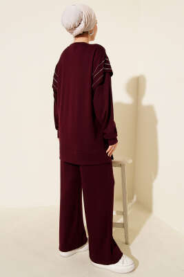 Sıra Taş Detaylı Loyşa İkili Takım Bordo - İkili Takım