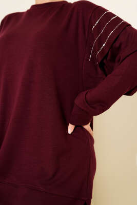 Sıra Taş Detaylı Loyşa İkili Takım Bordo - İkili Takım