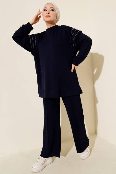 Sıra Taş Detaylı Loyşa İkili Takım Lacivert - İkili Takım