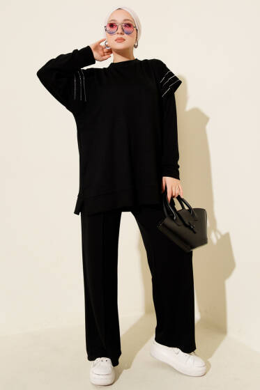 Sıra Taş Detaylı Loyşa İkili Takım Siyah - İkili Takım