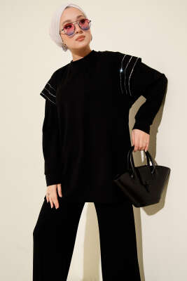 Sıra Taş Detaylı Loyşa İkili Takım Siyah - İkili Takım