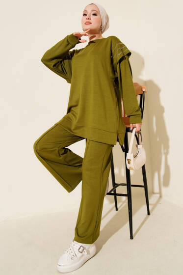 Sıra Taş Detaylı Loyşa İkili Takım Yağ Yeşili - İkili Takım