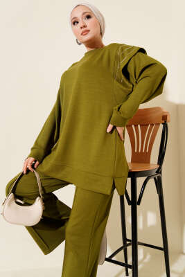 Sıra Taş Detaylı Loyşa İkili Takım Yağ Yeşili - İkili Takım