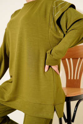 Sıra Taş Detaylı Loyşa İkili Takım Yağ Yeşili - İkili Takım