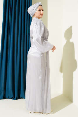 Sıra Taşlı Balon Kol Abiye Elbise Gri - Elbise